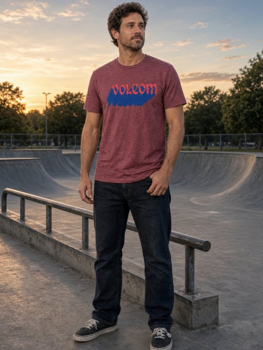 Volcom Men Red Night Creep Short Sleeve Logo Tee Casual Skate Heather US S
